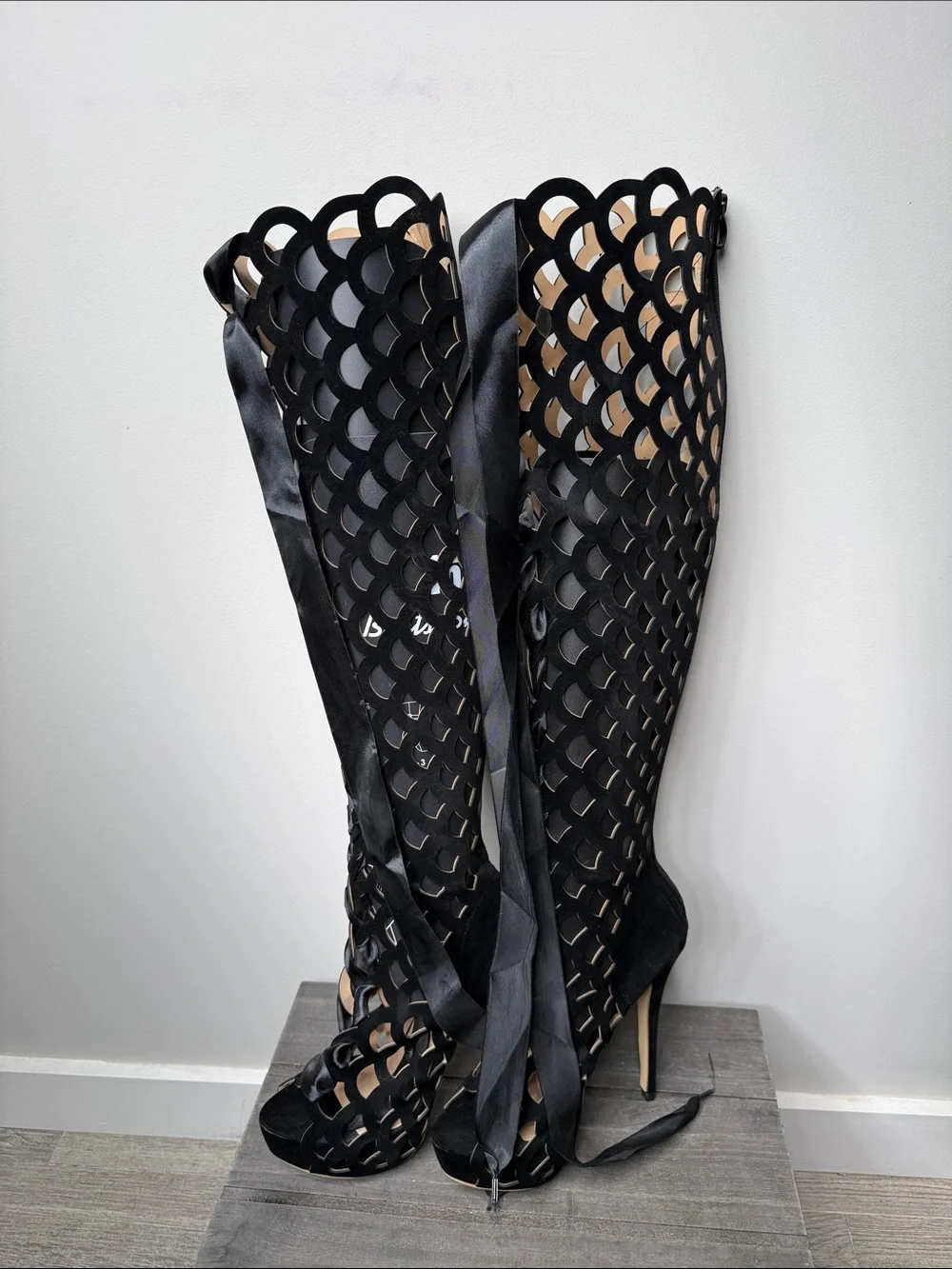 Black Laser-Cut Over-the-Knee Lace-Up Stiletto Boots